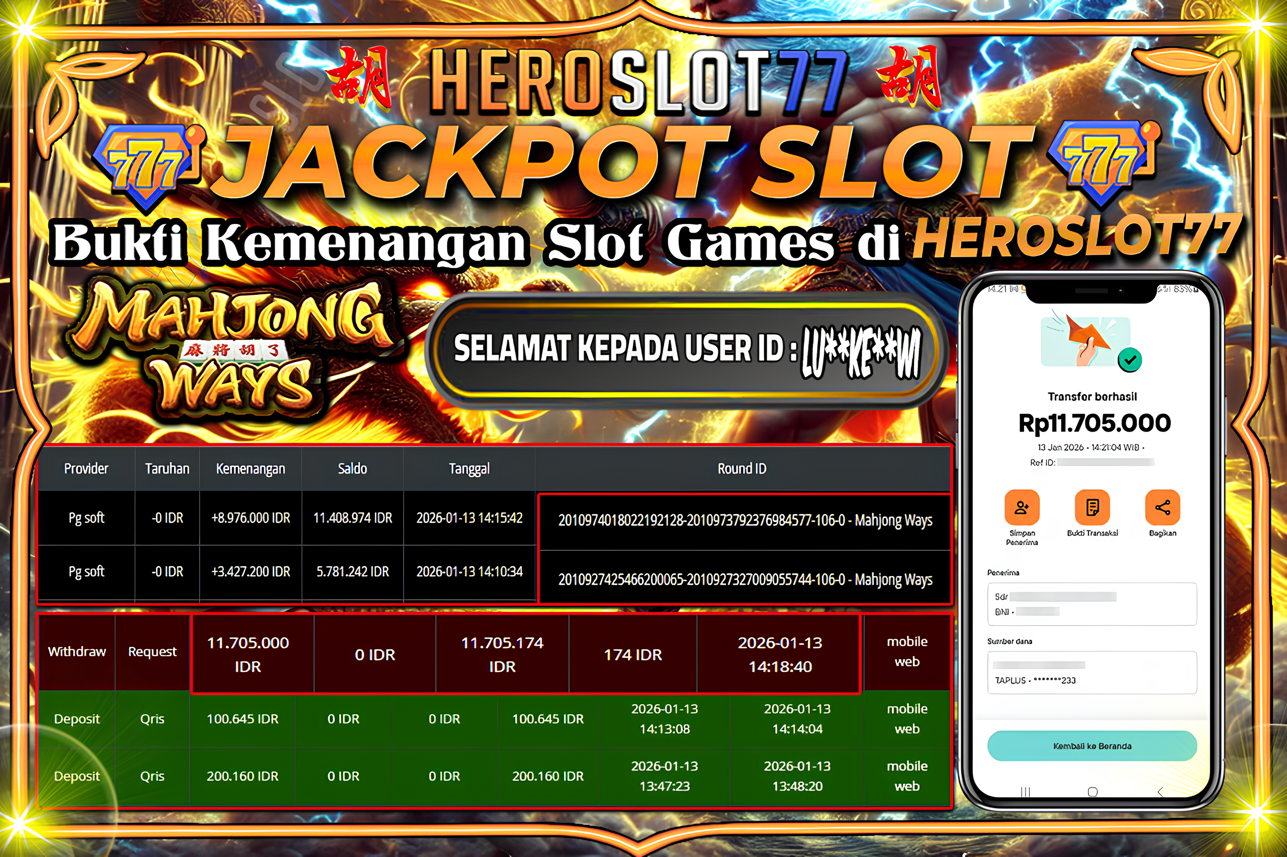 HEROSLOT77 JACKPOT MAHJONG WASY  Rp11.705.000.- LUNAS!!!